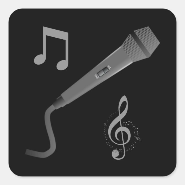 Silver grey hand drawn microphone musical notes square sticker (Front)