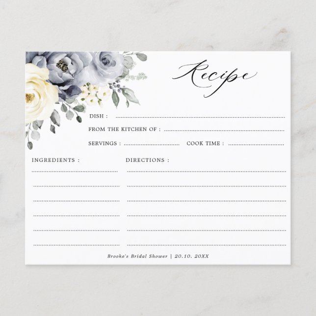 Silver Grey Ivory Floral Boho Bridal Shower Recipe (Front)
