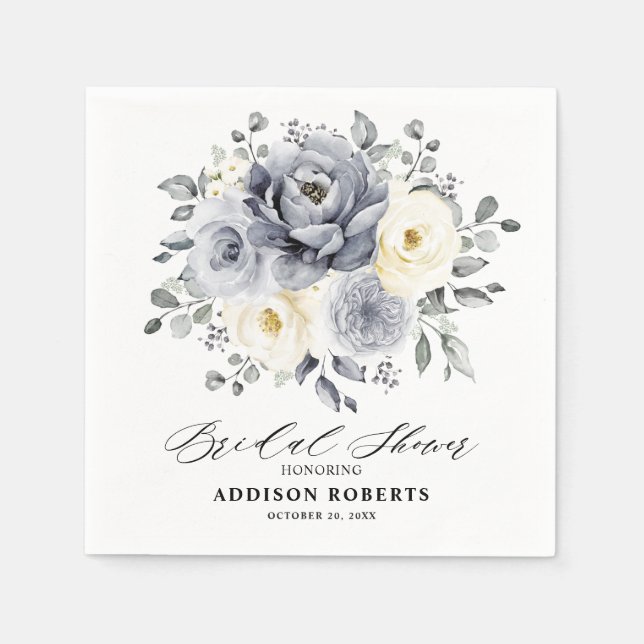 Silver Grey Ivory Floral boho Ivory Bridal Shower Napkins (Front)