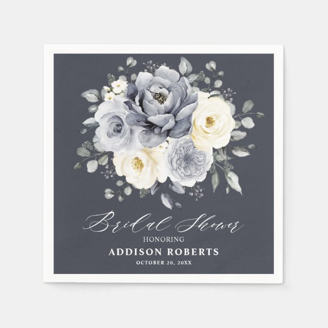 Silver Grey Ivory Floral boho Ivory Bridal Shower  Napkins (Front)