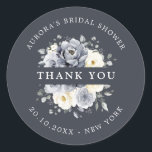 Silver Grey Ivory Floral  Bridal Shower Thank you  Classic Round Sticker<br><div class="desc">Elegant floral winter bridal shower thank you sticker features elegant grey ,  ivory and silver watercolor flower bouquet frosty-hued greenery. Please contact me for any help in customization or if you need any other product with this design.</div>