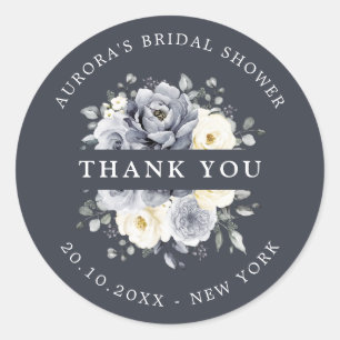 Silver Grey Ivory Floral  Bridal Shower Thank you  Classic Round Sticker