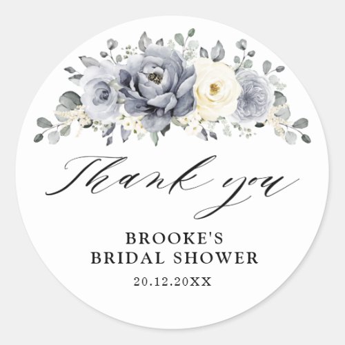 Silver Grey Ivory Floral Bridal Shower Thank you Classic Round Sticker