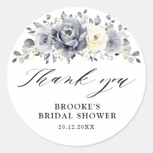 Silver Grey Ivory Floral Bridal Shower Thank you Classic Round Sticker