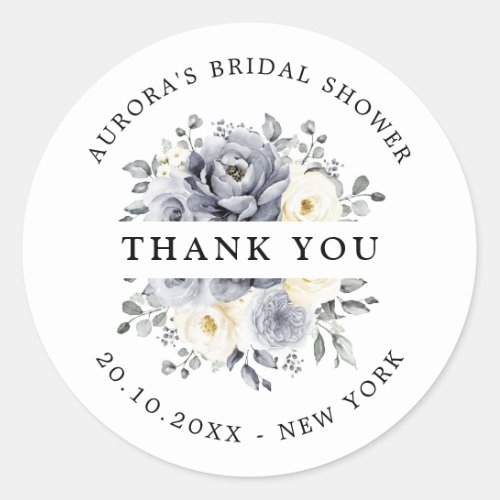 Silver Grey Ivory Floral  Bridal Shower Thank you Classic Round Sticker