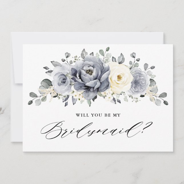 Silver Grey Ivory Floral Will you be my Bridesmaid Invitation (Front)