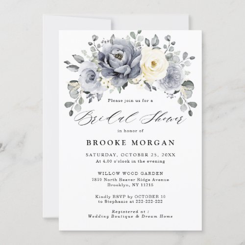 Silver Grey Ivory Floral Winter Boho Bridal Shower Invitation