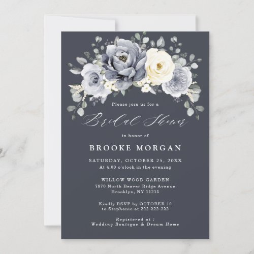Silver Grey Ivory Floral Winter Boho Bridal Shower Invitation