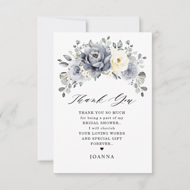 Silver Grey Ivory Floral Winter Boho Bridal Shower Thank You Card (Front)