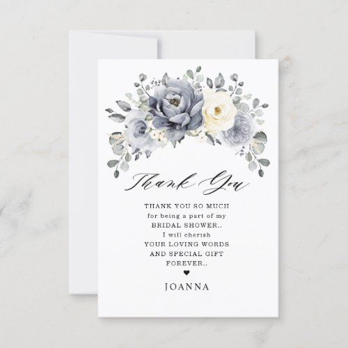 Silver Grey Ivory Floral Winter Boho Bridal Shower Thank You Card