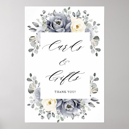 Silver Grey Ivory Floral Winter Boho Cards  Gifts Poster