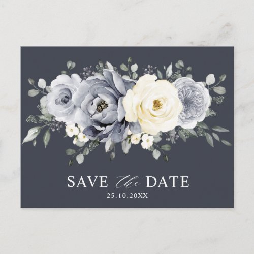 Silver Grey Ivory Floral Winter Boho Save the Date Postcard
