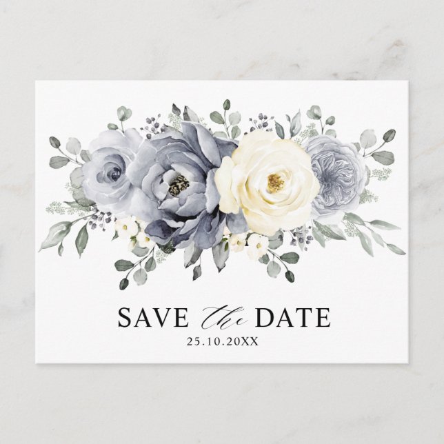 Silver Grey Ivory Floral Winter Boho Save the Date Postcard (Front)