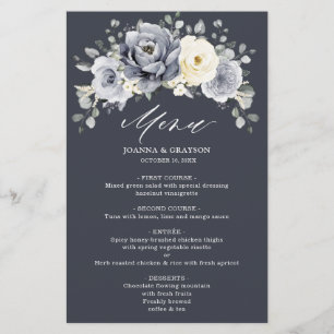 Silver Grey Ivory Floral Winter Boho Wedding Menu