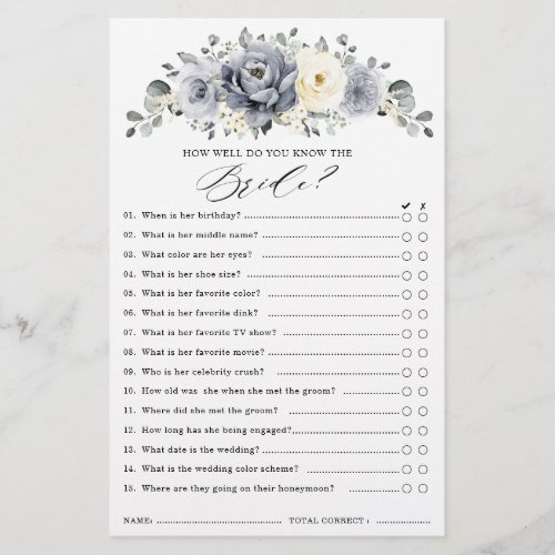 Silver Grey Ivory Floral Winter Bridal Shower Game