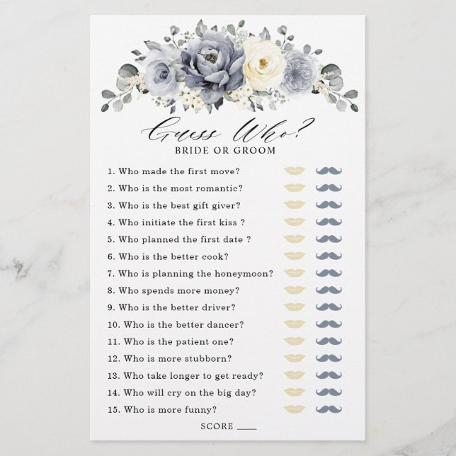 Silver Grey Ivory Floral Winter Bridal Shower Game (Front)