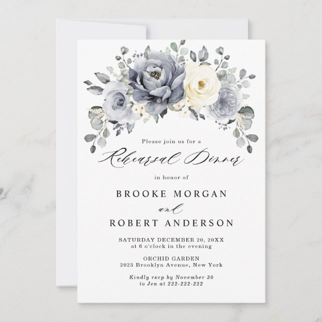 Silver Grey Ivory Floral Winter  Rehearsal Dinner Invitation (Front)