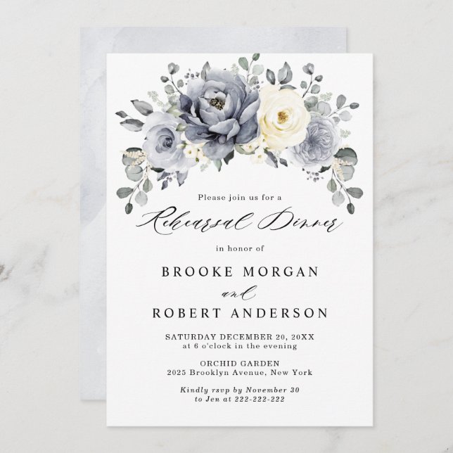 Silver Grey Ivory Floral Winter  Rehearsal Dinner Invitation (Front/Back)