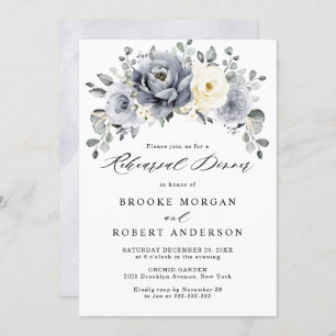 Silver Grey Ivory Floral Winter Rehearsal Dinner Invitation