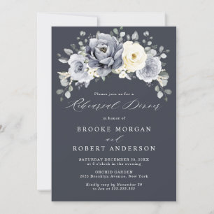 Silver Grey Ivory Floral Winter Rehearsal Dinner Invitation