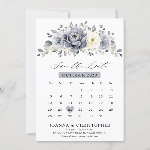 Silver Grey Ivory Floral Winter Rustic Calendar  Save The Date