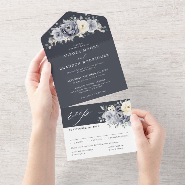 Silver Grey Ivory Floral Winter Rustic Wedding All All In One Invitation (Tearaway)