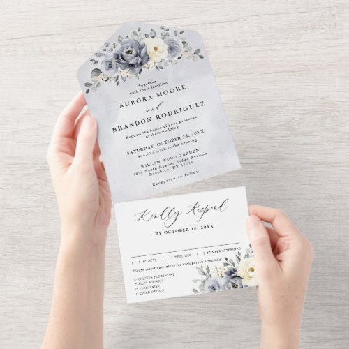 Silver Grey Ivory Floral Winter Rustic Wedding All All In One Invitation