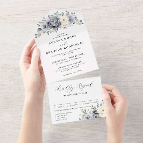 Silver Grey Ivory Floral Winter Rustic Wedding All In One Invitation