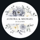 Silver Grey Ivory Floral Winter Rustic Wedding Classic Round Sticker<br><div class="desc">Elegant floral winter wedding favor sticker features elegant grey ,  ivory and silver watercolor flower bouquet frosty-hued greenery. Please contact me for any help in customization or if you need any other product with this design.</div>