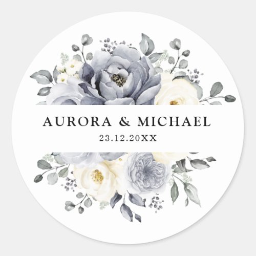 Silver Grey Ivory Floral Winter Rustic Wedding Classic Round Sticker