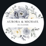 Silver Grey Ivory Floral Winter Rustic Wedding Classic Round Sticker<br><div class="desc">Elegant floral winter wedding favor sticker features elegant grey ,  ivory and silver watercolor flower bouquet frosty-hued greenery. Please contact me for any help in customization or if you need any other product with this design.</div>