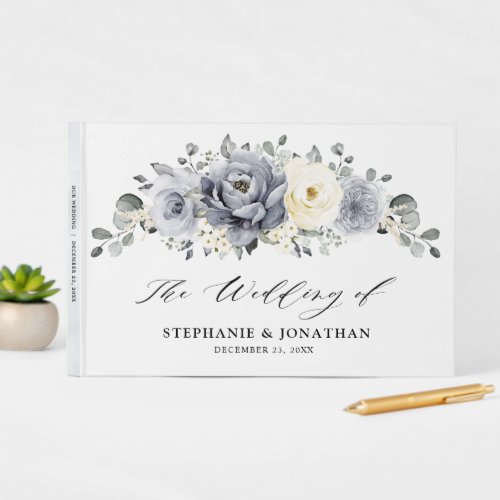 Silver Grey Ivory Floral Winter Rustic Wedding Guest Book