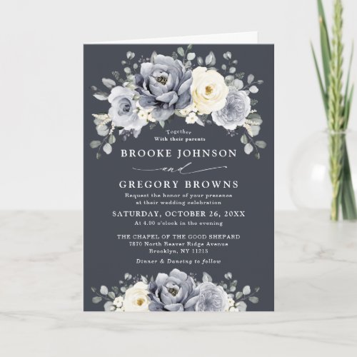 Silver Grey Ivory Floral Winter Rustic Wedding  In Invitation