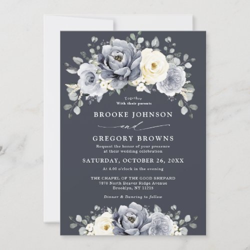 Silver Grey Ivory Floral Winter Rustic Wedding Inv Invitation