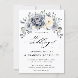 Silver Grey Ivory Floral Winter Rustic Wedding Inv Invitation