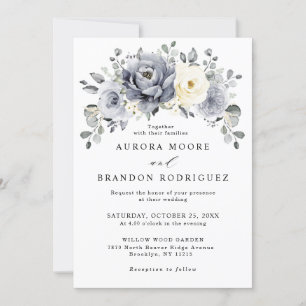 Silver Grey Ivory Floral Winter Rustic Wedding Inv Invitation