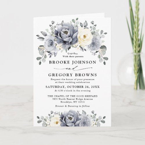 Silver Grey Ivory Floral Winter Rustic Wedding  Invitation