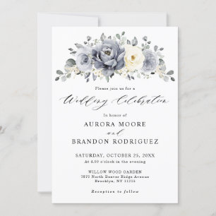 Silver Grey Ivory Floral Winter Rustic Wedding Invitation