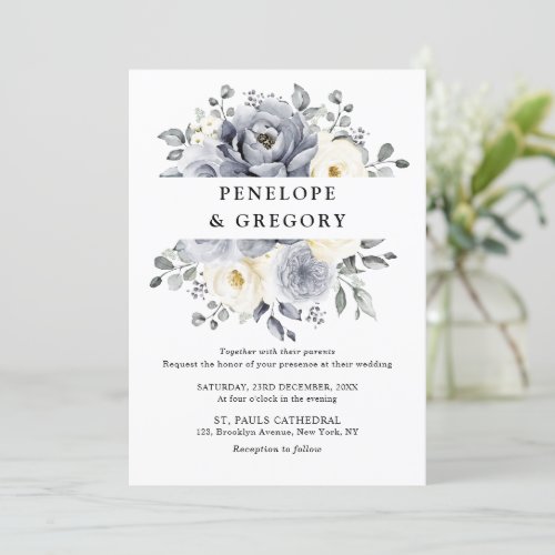 Silver Grey Ivory Floral Winter Rustic Wedding Invitation