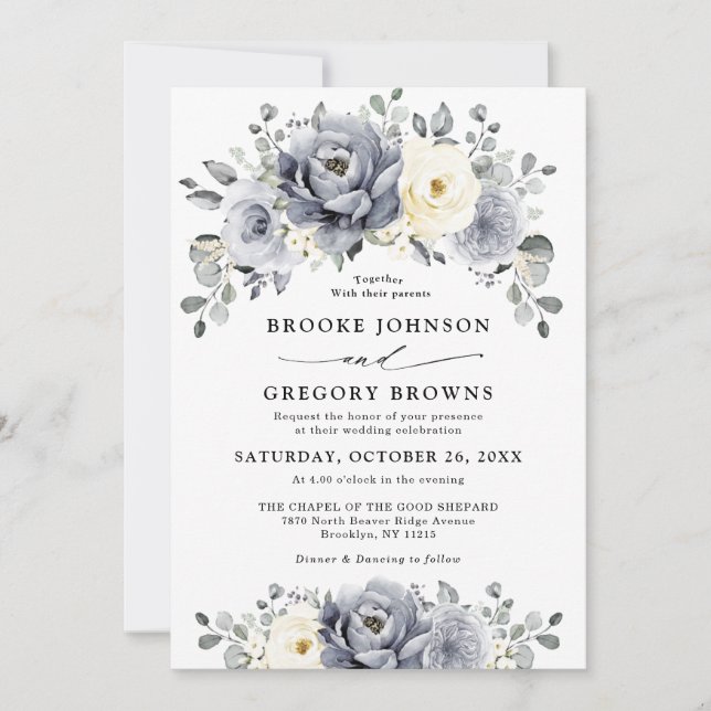 Silver Grey Ivory Floral Winter Rustic Wedding Invitation (Front)