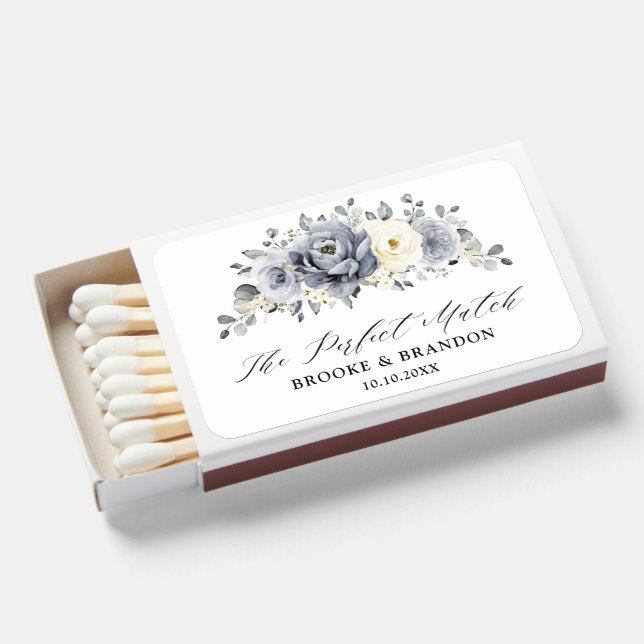 Silver Grey Ivory Floral Winter Rustic Wedding Matchboxes (Front Open)