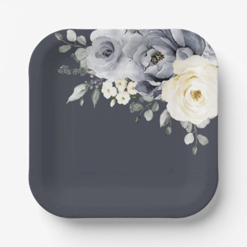 Silver Grey Ivory Floral Winter Rustic Wedding Pap Paper Plates
