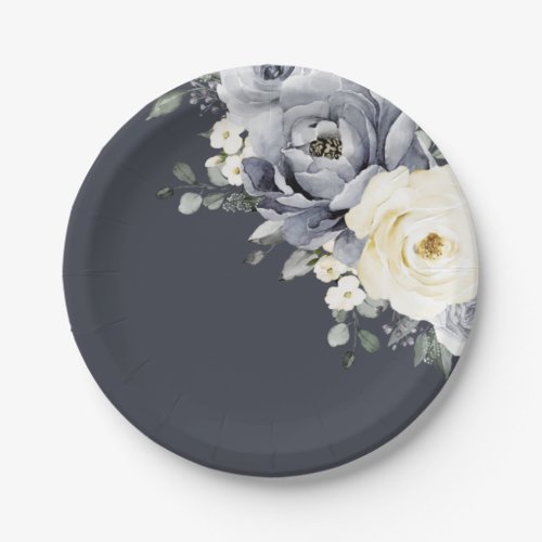 Silver Grey Ivory Floral Winter Rustic Wedding Pap Paper Plates