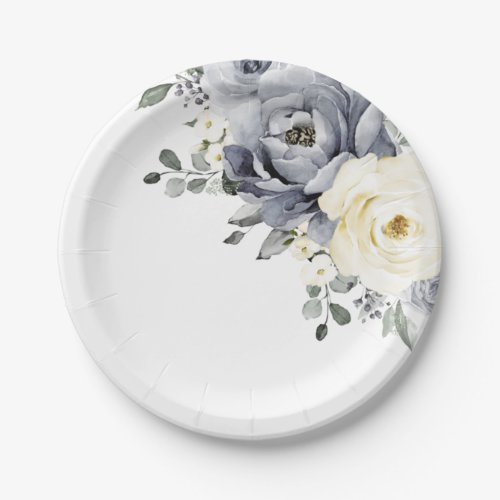 Silver Grey Ivory Floral Winter Rustic Wedding Paper Plates