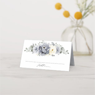 Silver Grey Ivory Floral Winter Rustic Wedding Place Card