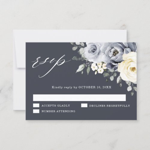 Silver Grey Ivory Floral Winter Rustic Wedding RSV RSVP Card