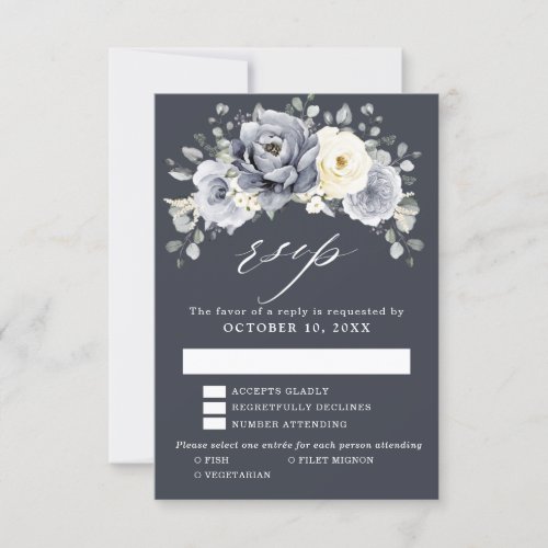 Silver Grey Ivory Floral Winter Rustic Wedding RSV RSVP Card