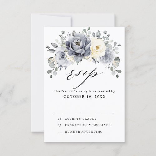 Silver Grey Ivory Floral Winter Rustic Wedding RSVP Card