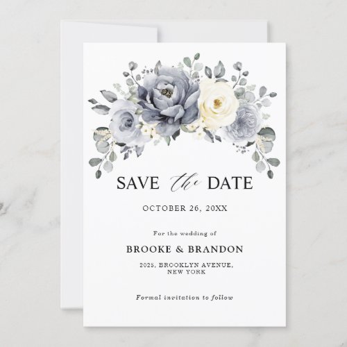 Silver Grey Ivory Floral Winter Rustic Wedding Save The Date