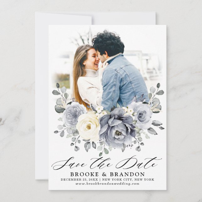 Silver Grey Ivory Floral Winter Rustic Wedding Save The Date (Front)
